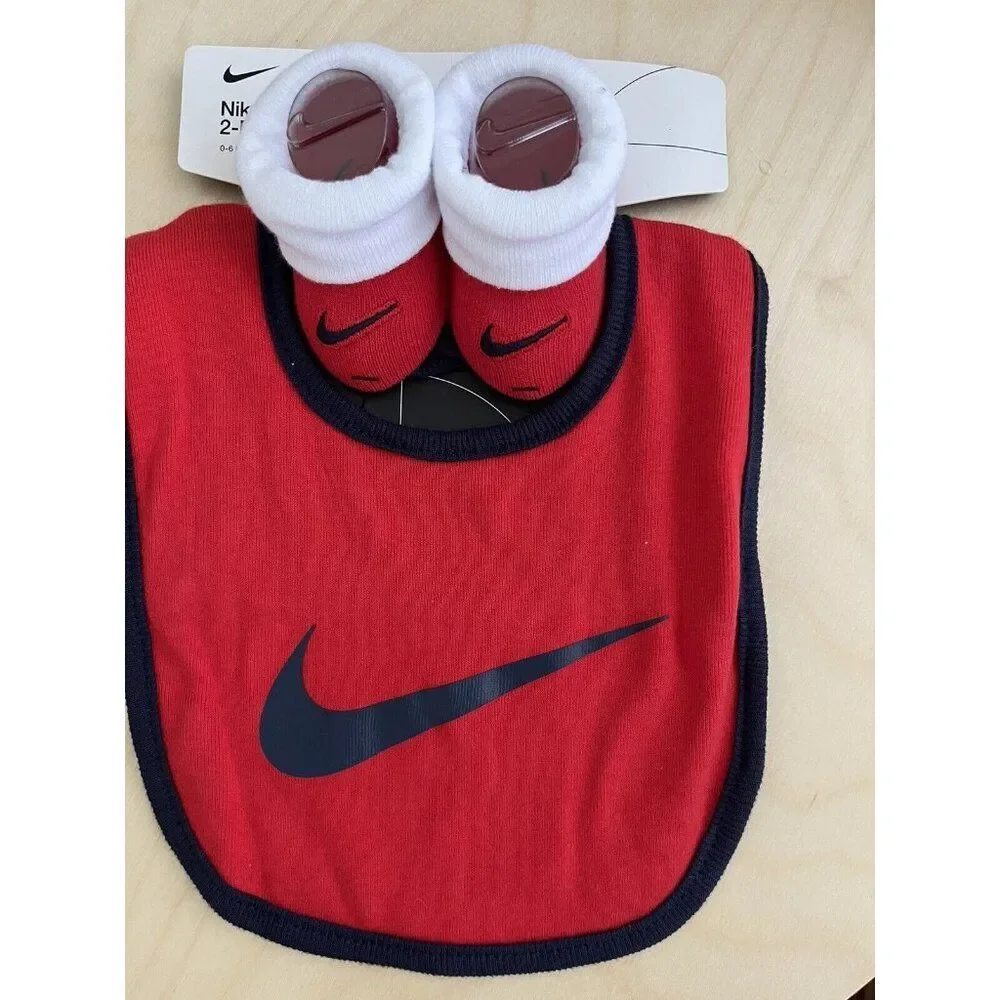 Nike Baby Red Blue Cotton Cuffed Ribbed Trim Swoosh Logo Bib Booties Set 0-6 MO